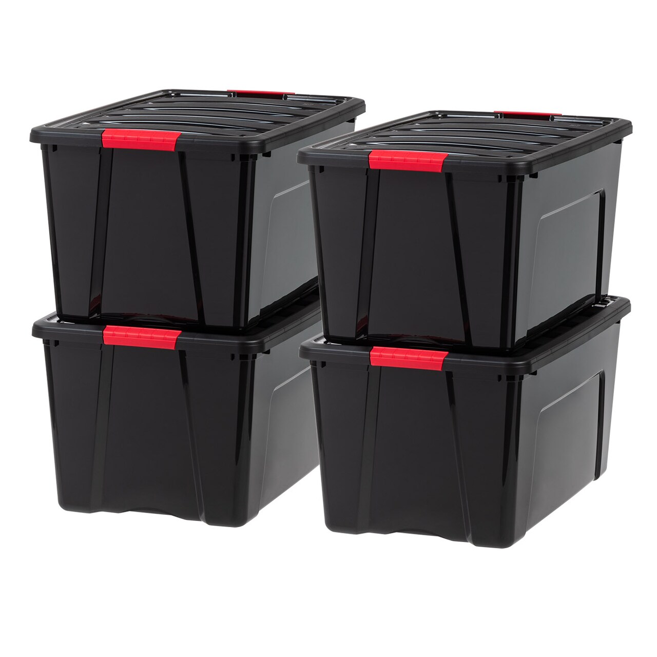 IRIS USA 72 Qt Stackable Plastic Storage Bins with Lids, 4 Pack - BPA-Free, Made in USA - Garage Organizing Solution, Latches, Durable Nestable Containers, Secure Pull Handle - Black